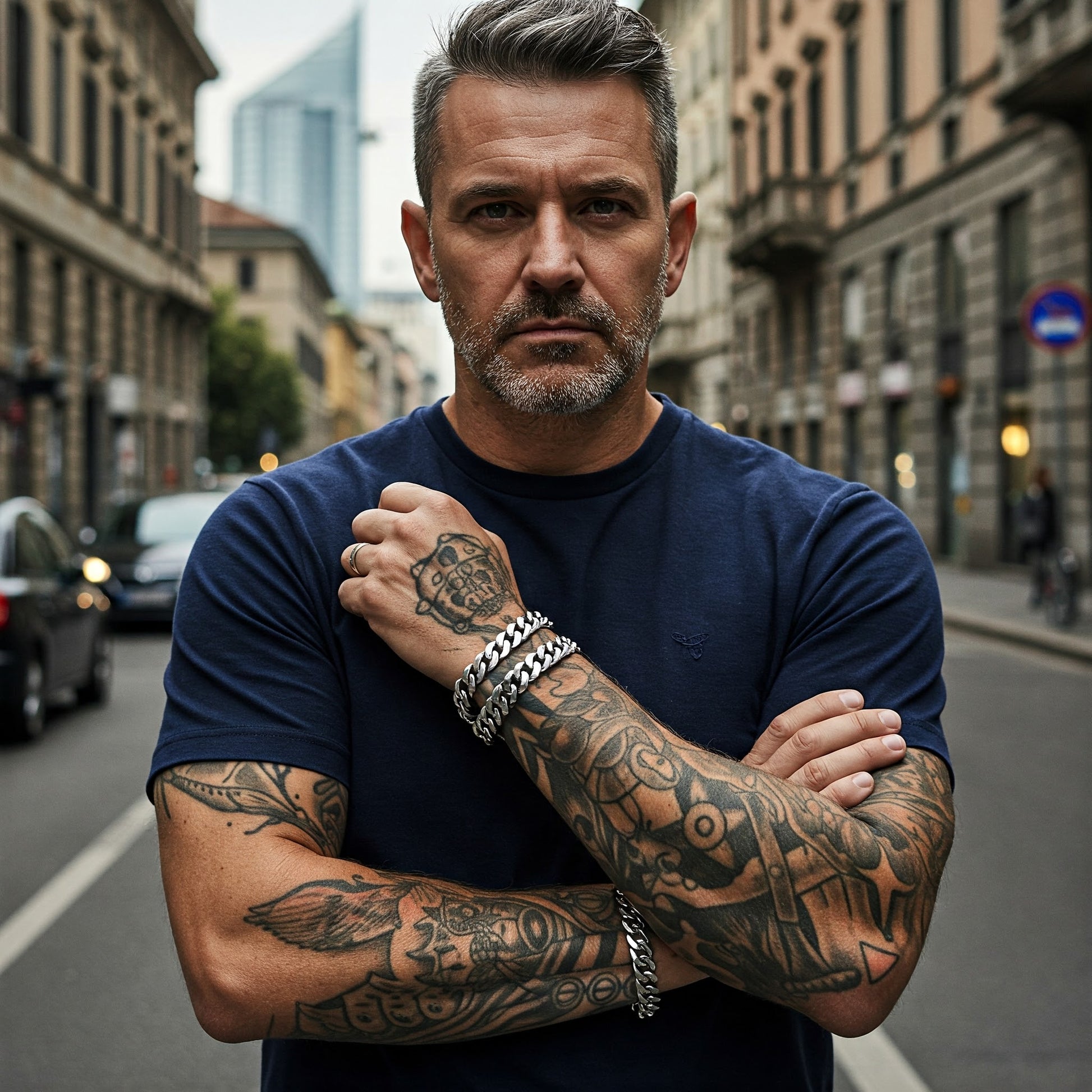 Bracciale uomo argento maglie Groumette pesante indossato su polso uomo con tatuaggi in città