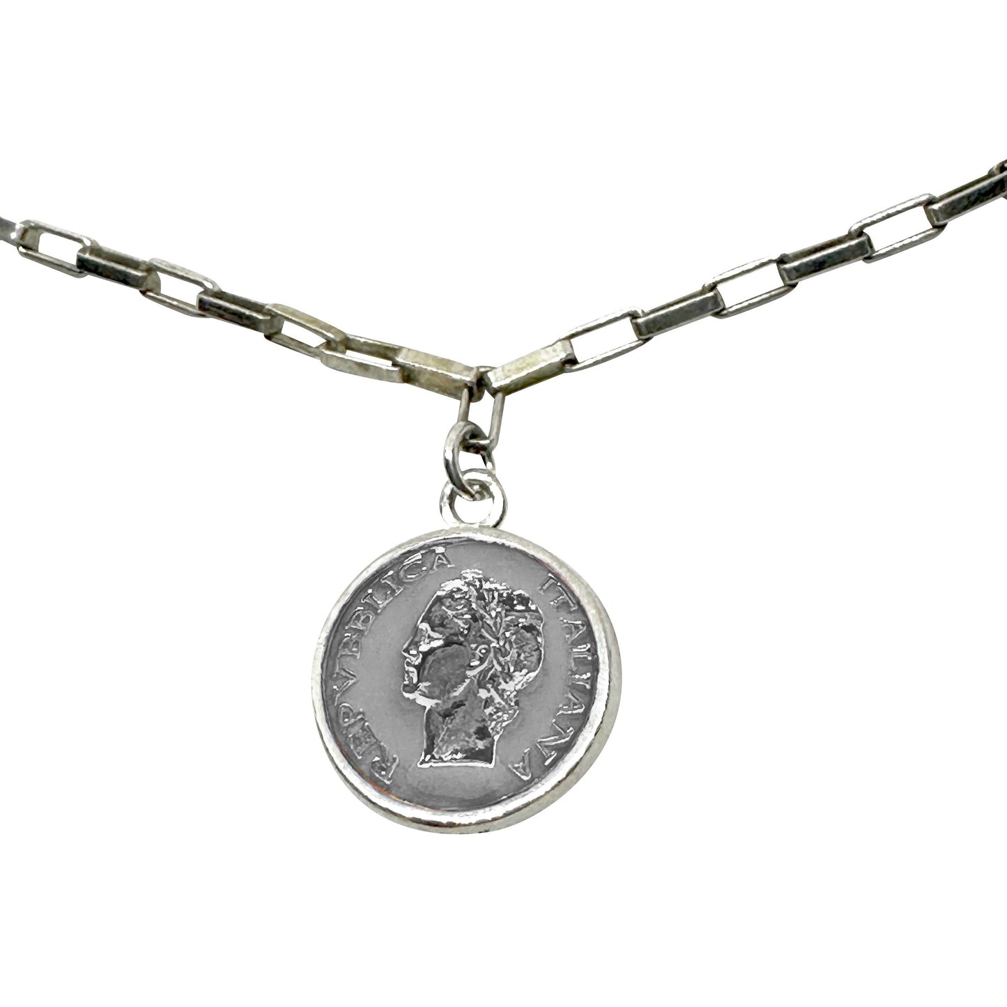Collana argento smalto dolce vita anni 50 vintage con ciondolo moneta e catena a maglie rettangolari