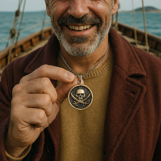 Collana in argento e bronzo black sails pirati con ciondolo teschio indossata da uomo sorridente sul ponte di una barca