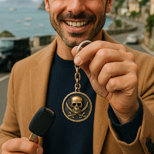 Portachiavi in argento Black Sails Jolly Roger con teschio e spade su sfondo nero tenuto da uomo sorridente